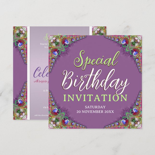 Peacock Snöre Fractalas Speciella Födelsedagsfest Inbjudningar (Fram/baksida)