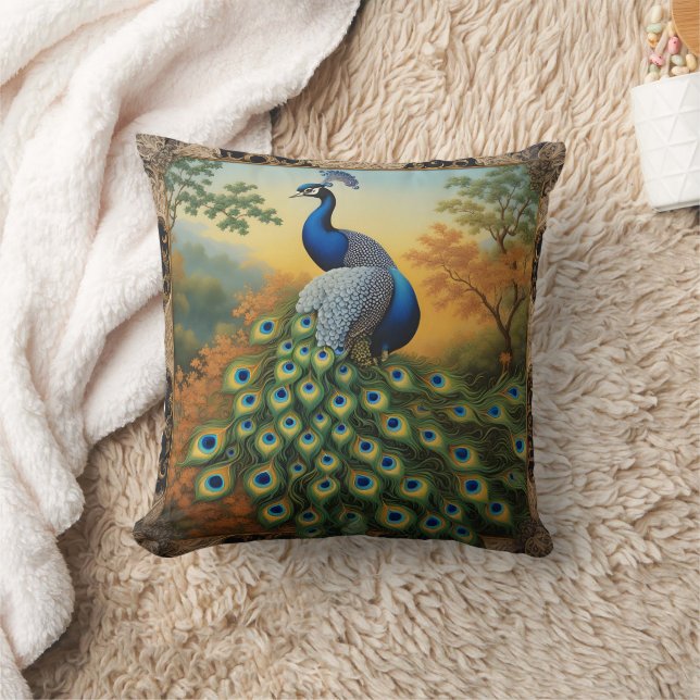 Peacock som visar fjädrar på hösten kudde (Filt)