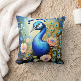 Peacock som visar upp fjädrar bland blommor kudde