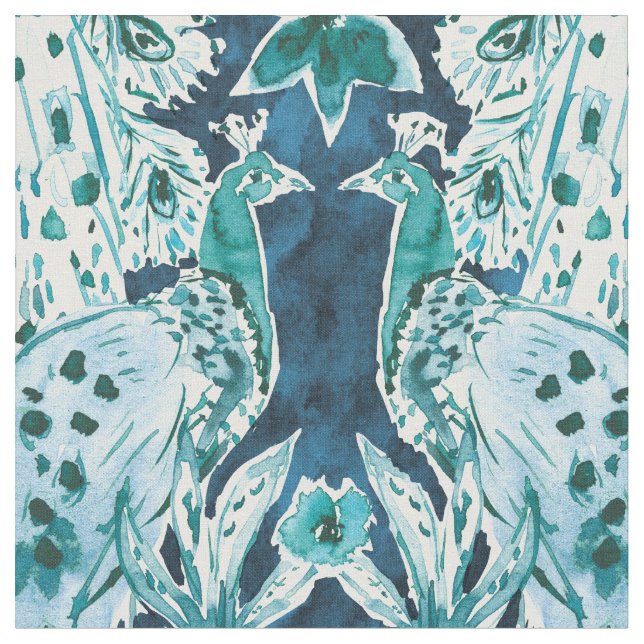 PEACOCK SPLENDOR Indigo Skriv ut Tyg (Närbild)