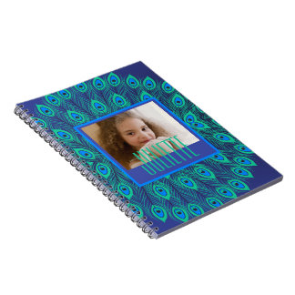 Peacock Teal & Blue Feathers Anpassningsbar Text & Anteckningsbok