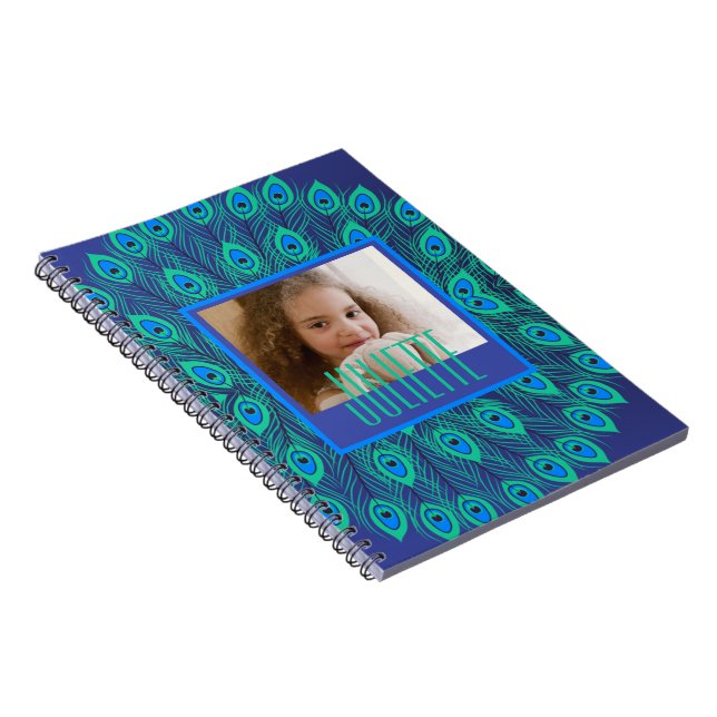 Peacock Teal & Blue Feathers Anpassningsbar Text & Anteckningsbok (Högra Sidan)