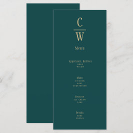 Peacock Teal Grönt Guld Bröllop Monogrammed Menu Meny