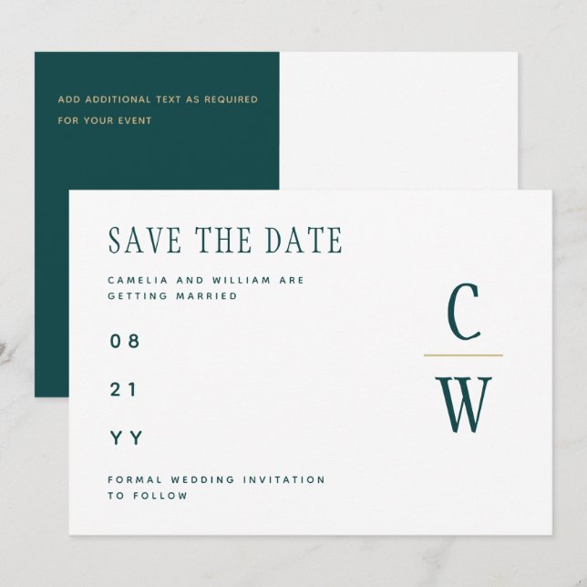 Peacock TEAL Grönt Guld Bröllop spara datum Datumet (Fram/baksida)