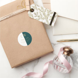 Peacock Teal Grönt Guld Wedding Favor Gift Bag Runt Klistermärke