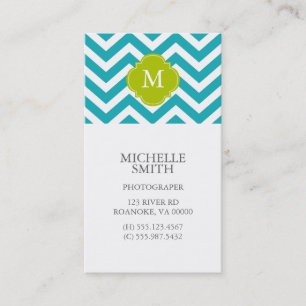 Peacock Teal & Grönt Zigzags Mönster Monogram Visitkort