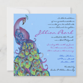 Peacock tema Bat mitzvah inbjudan Inbjudan blue