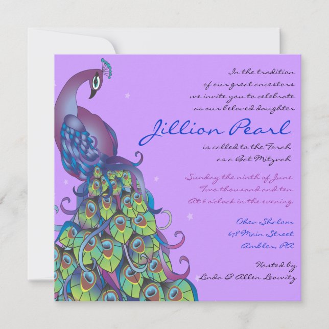 Peacock Tema Bat mitzvah inbjudan Inbjudan Violet (Framsida)