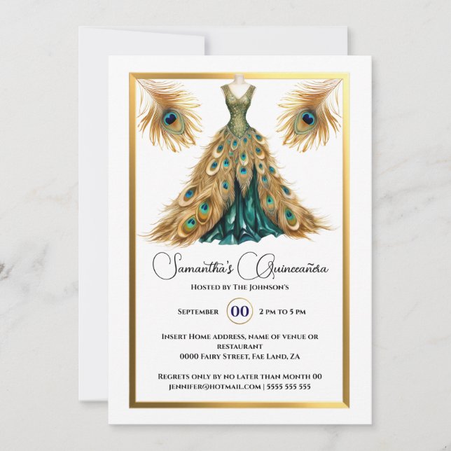 Peacock-tema Quinceañera boll gown guld grönt Inbjudningar (Framsida)