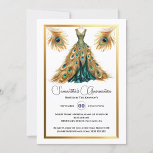 Peacock-tema Quinceañera boll gown guld grönt Inbjudningar