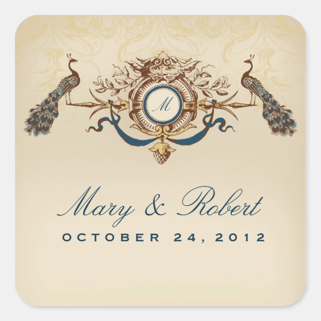 Peacock-temat bröllop fyrkantigt klistermärke (Framsida)