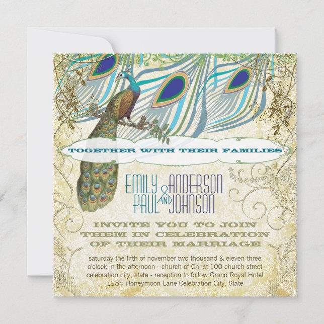 Peacock Vintage 3 Fjädrar med Peacock Inbjudningar (Framsida)