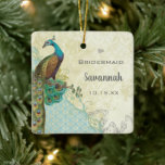 Peacock Vintage Bird Maid of honor Bridesmaid Julgransprydnad Keramik<br><div class="desc">Aqua,  Blue,  Teal,  Copper,  Brown,  Tan,  Beige och Grönt med Faux Distress Parchment Snöre Background. Peacock Vintage Bird Maid of honor Bridesmaid. Perfekt för gåva till brudtärnorna för ett 20-tal,  Gatsby,  Medieval,  Renaissance,  Vintage Love Bird,  Lovebird,  Whimsical Bröllop Theme.</div>