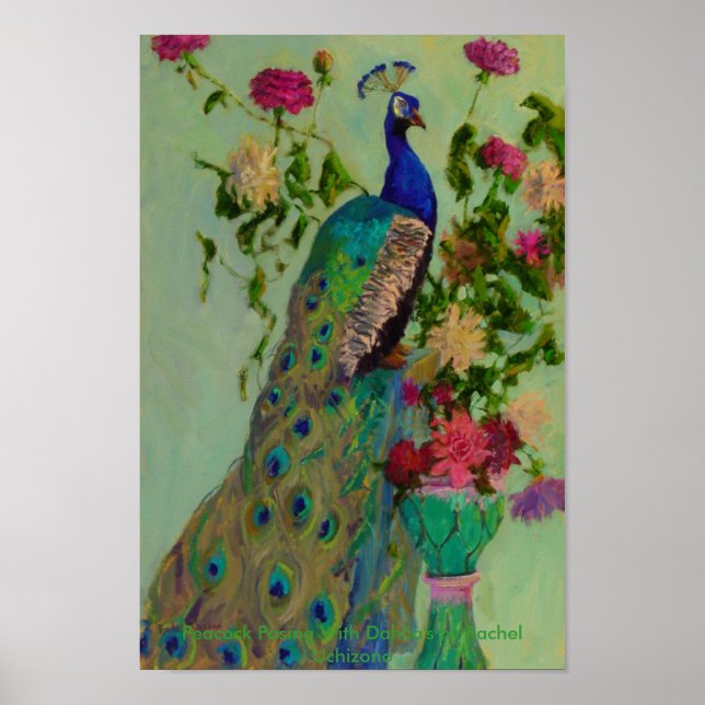 Peacock w/Dahlia's av Rachel Uchizono Poster (Framsidan)
