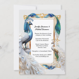 Peacock white teal art nouveau dekorativ ram inbjudningar
