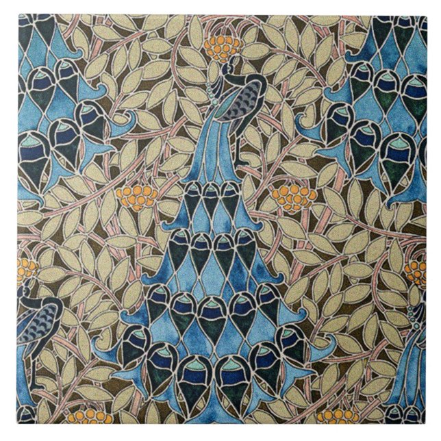 Peacocker, fisk och Sjögräs Art nouveau Kakelplatta (Framsidan)