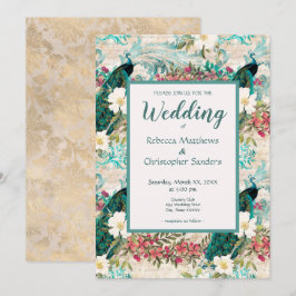 Peacocks and Flowers Teal, Ivory och Guld Bröllop Inbjudningar