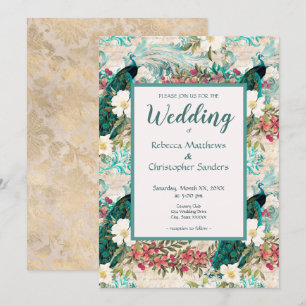 Peacocks and Flowers Teal, Ivory och Guld Bröllop Inbjudningar
