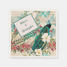 Peacocks and Flowers Teal, Ivory och Guld Pappersservett