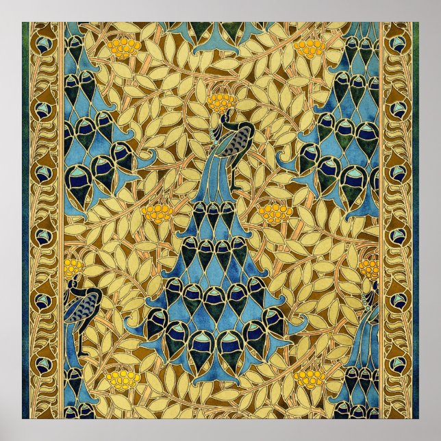 Peacocks Birds Rowan Trees Art Nouveau Poster (Framsidan)