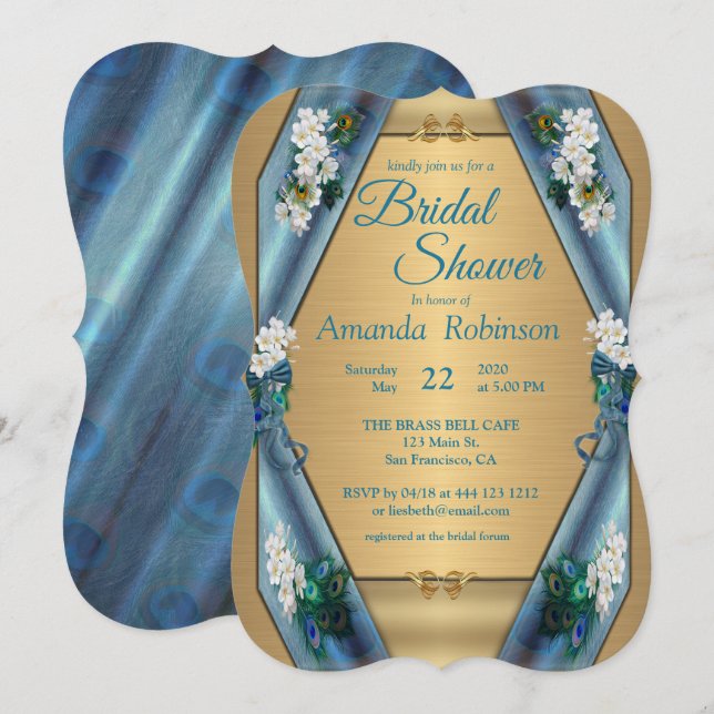 Peacocks & Emerald Grönt Metallic Silke & Guld Inbjudningar (Fram/baksida)