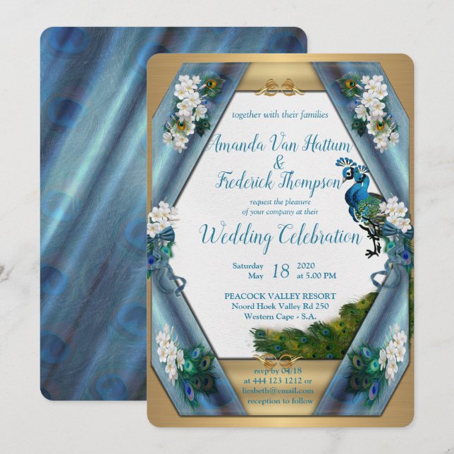 Peacocks & Emerald Grönt Metallic Silke Inbjudningar (Fram/baksida)