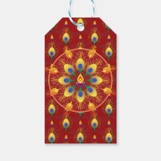 Peacocks fjäther Rangoli på mönster Presentetikett (Framsidan)