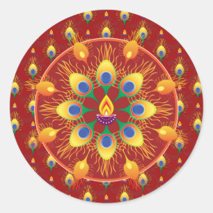 Peacocks fjäther Rangoli på mönster  Runt Klistermärke