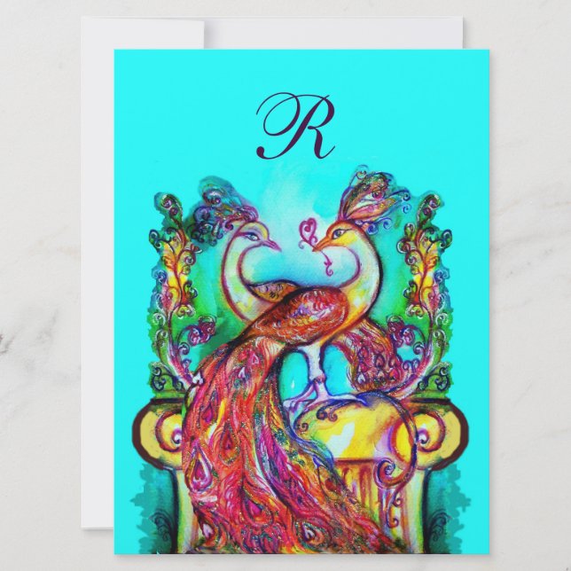 PEACOCKS I KÄRLEK MONOGRAM röd grönt Inbjudningar (Framsida)