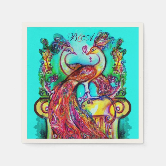PEACOCKS I KÄRLEK Red Aqua Blue Bröllop Monogram Pappersservett (Framsidan)