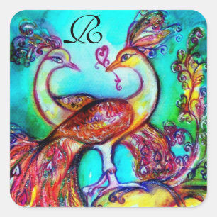 PEACOCKS IN KÄRLEK MONOGRAM Red blue turquase grön Fyrkantigt Klistermärke