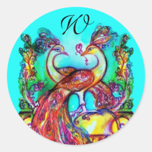 PEACOCKS IN KÄRLEK MONOGRAM Red blue turquase grön Runt Klistermärke