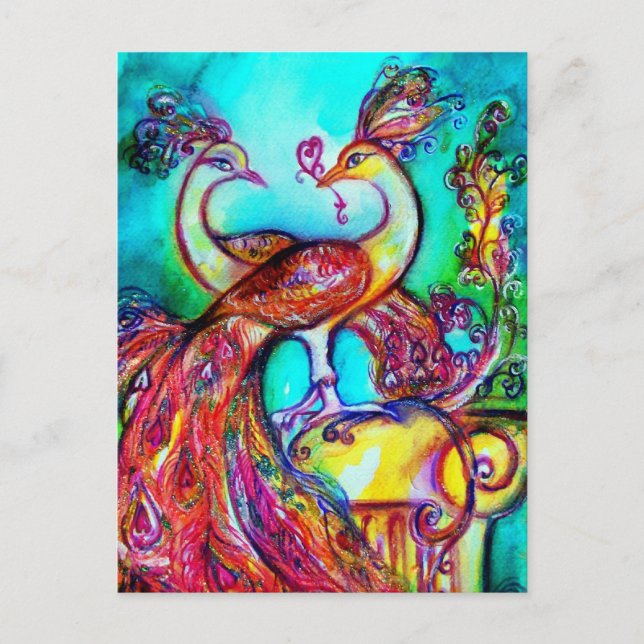 PEACOCKS IN KÄRLEK MONOGRAM Red blue turquase grön Vykort (Framsida)