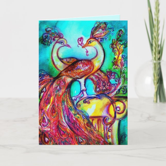 PEACOCKS IN KÄRLEK Red blue turquase grönt Kort (Framsida)