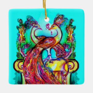 PEACOCKS IN KÄRLEK /RED RUBY GEMSTONE,Blue turkos Julgransprydnad Keramik