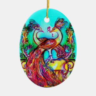PEACOCKS IN KÄRLEK /RED RUBY GEMSTONE,Blue turkos Julgransprydnad Keramik
