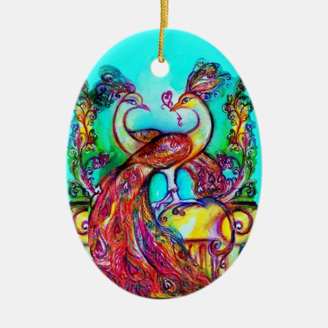 PEACOCKS IN KÄRLEK /RED RUBY GEMSTONE,Blue turkos Julgransprydnad Keramik (Framsidan)