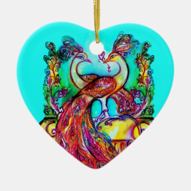 PEACOCKS IN KÄRLEK /RED RUBY GEMSTONE,Blue turkos Julgransprydnad Keramik (Framsidan)
