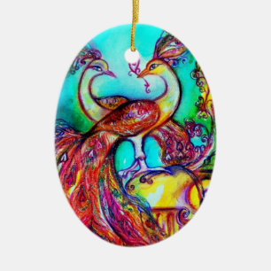 PEACOCKS IN KÄRLEK /RED RUBY GEMSTONE,Blue turkos Julgransprydnad Keramik