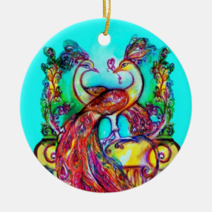 PEACOCKS IN KÄRLEK /RED RUBY GEMSTONE,Blue turkos Julgransprydnad Keramik