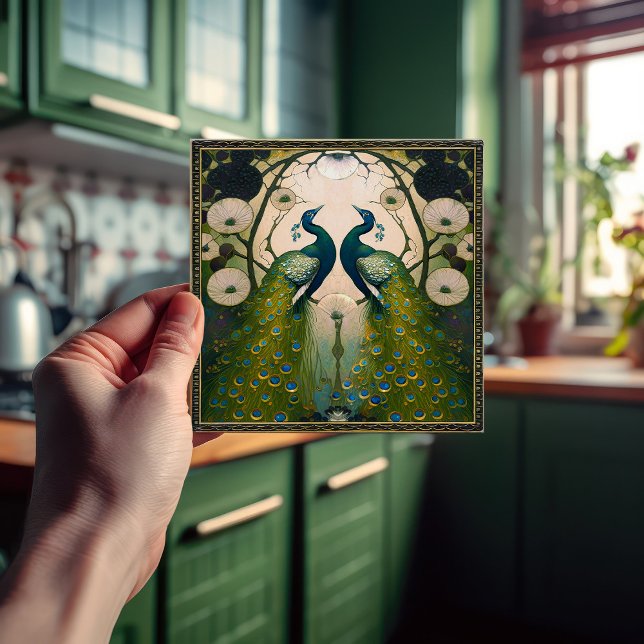 Peacocks Klimt Grönt Wall Decor Art nouveau Kakelplatta (Skapare uppladdad)