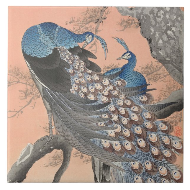 Peacocks på Blek Melon Ceramic Tile Kakelplatta (Framsidan)