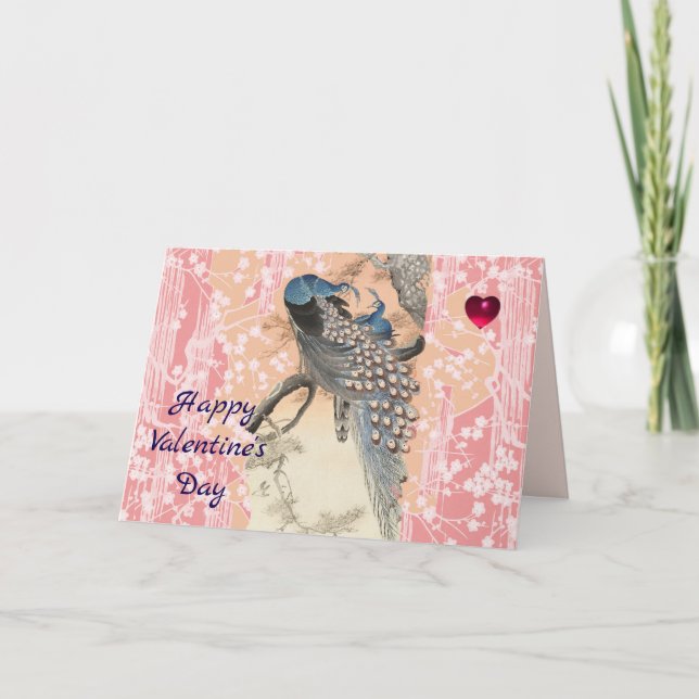 PEACOCKS,PINK SAKURA FLOWERS Floral Valentine Day Helgkort (Framsida)
