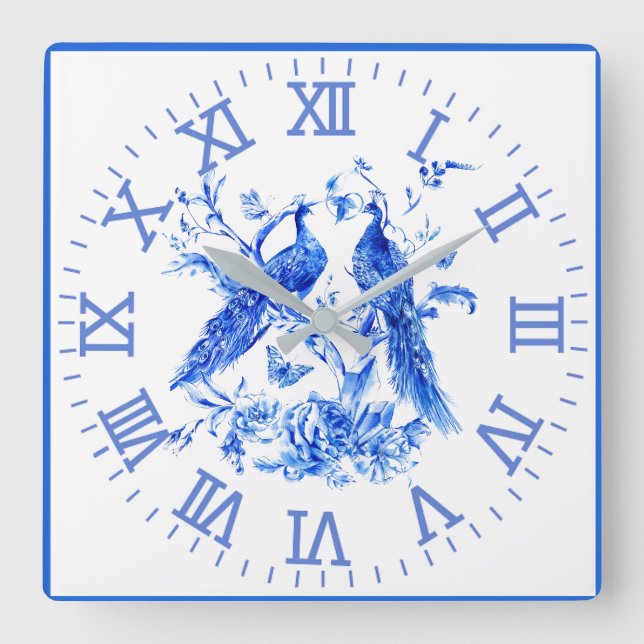 Peacocks Porcelain Blue Wall Clock Fyrkantig Klocka (Framsida)