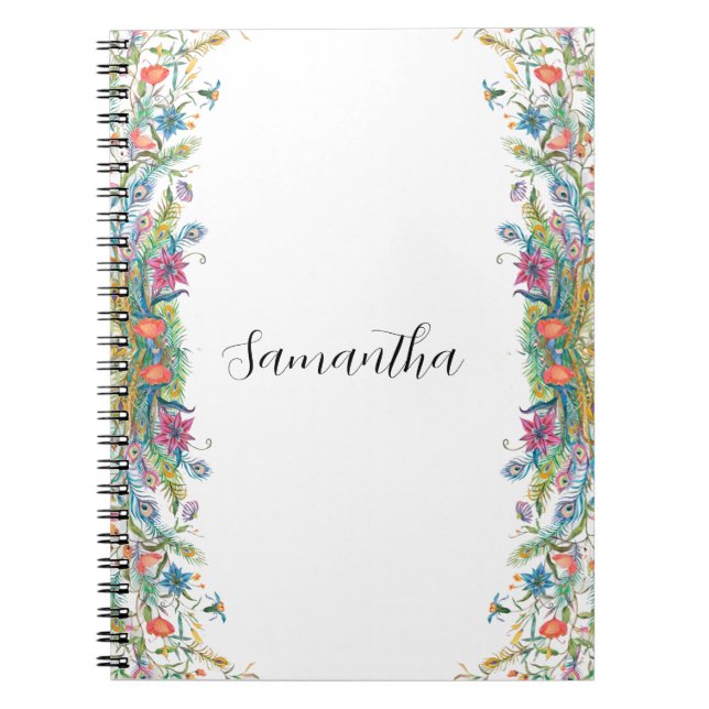 Peacocks ram med vattenfärgblommor anteckningsbok (Framsidan)
