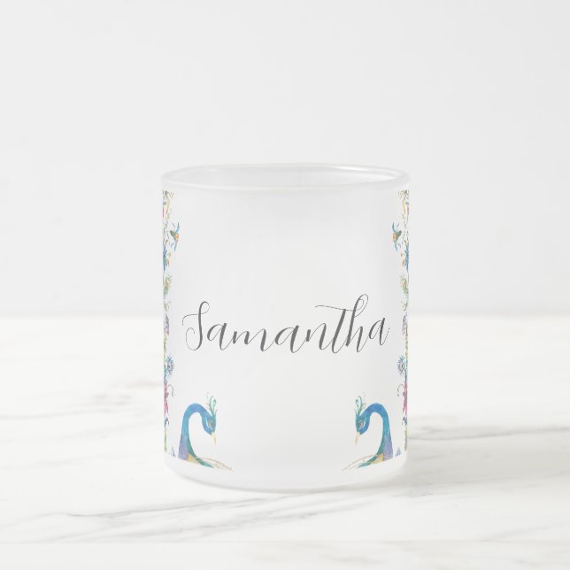 Peacocks ram med vattenfärgblommor frostad glasmugg (Center)