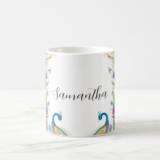 Peacocks ram med vattenfärgblommor kaffemugg (Center)