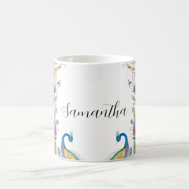 Peacocks ram med vattenfärgblommor magisk mugg (Center)