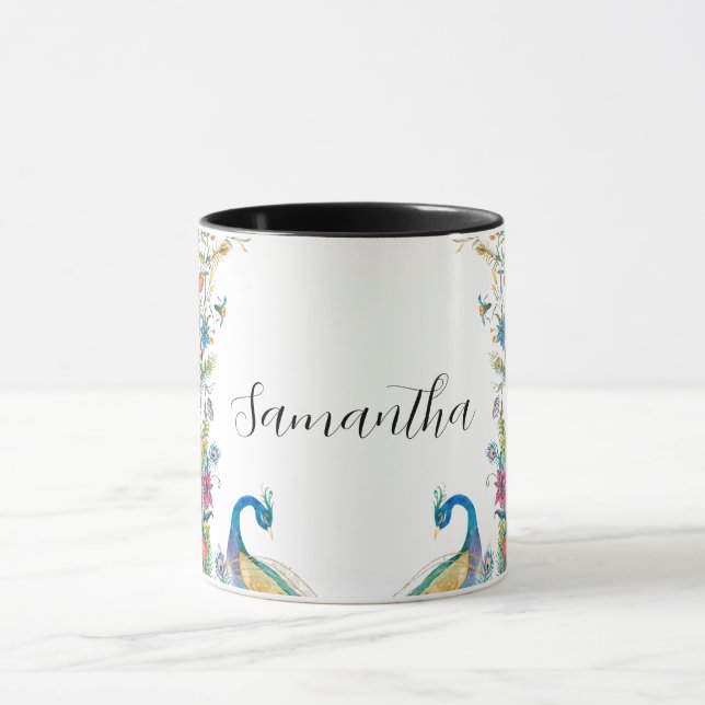 Peacocks ram med vattenfärgblommor mugg (Center)