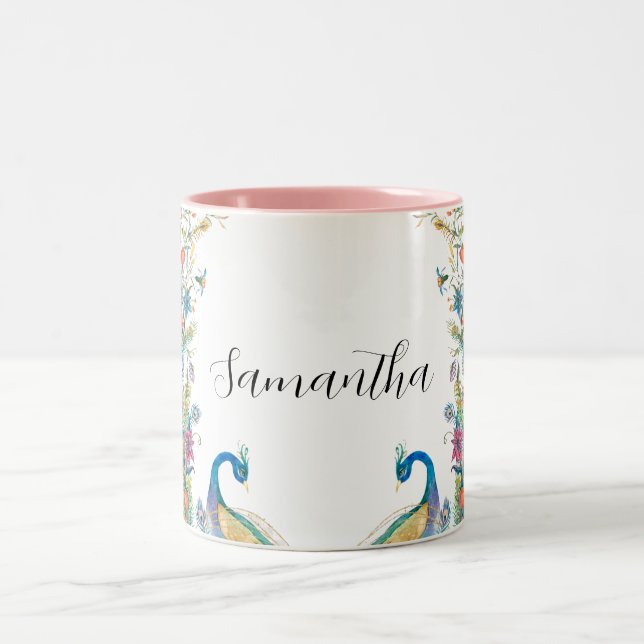 Peacocks ram med vattenfärgblommor Två-Tonad mugg (Center)
